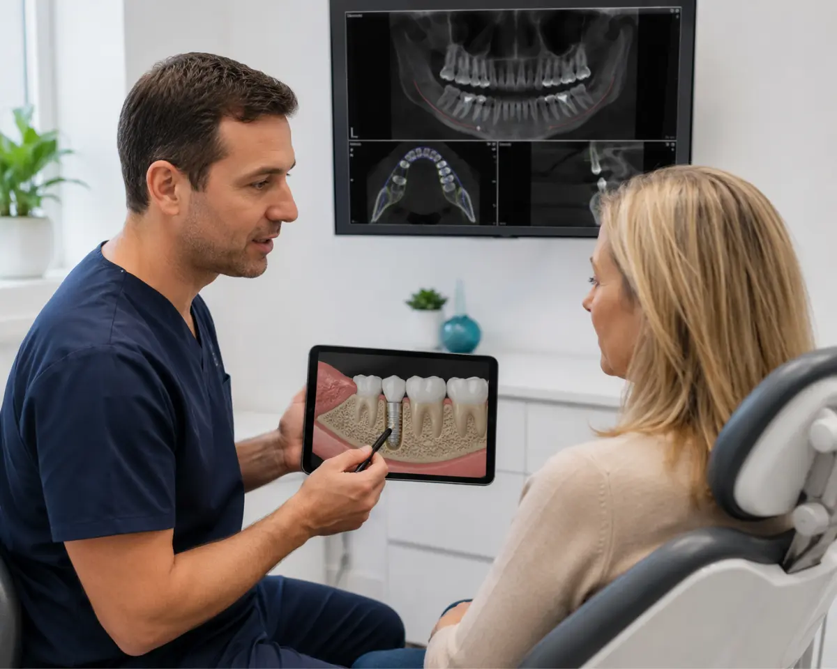 Dentist in navy scrubs showing a patient in a dental chair a tablet with an implant cross-section diagram, with a panoramic jaw X-ray visible on a screen behind them