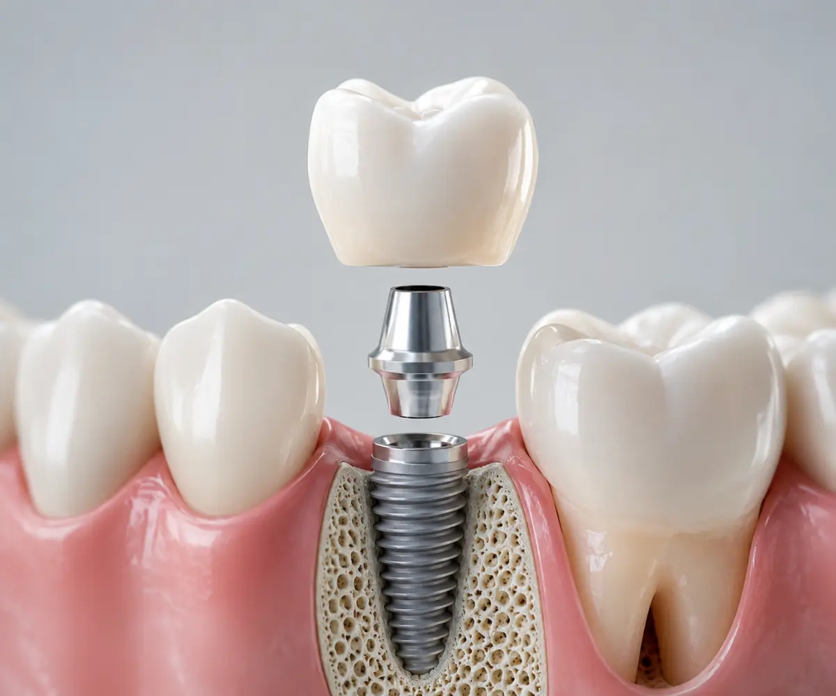 3D render of a dental implant showing the crown, abutment, and titanium post separated above the jawbone