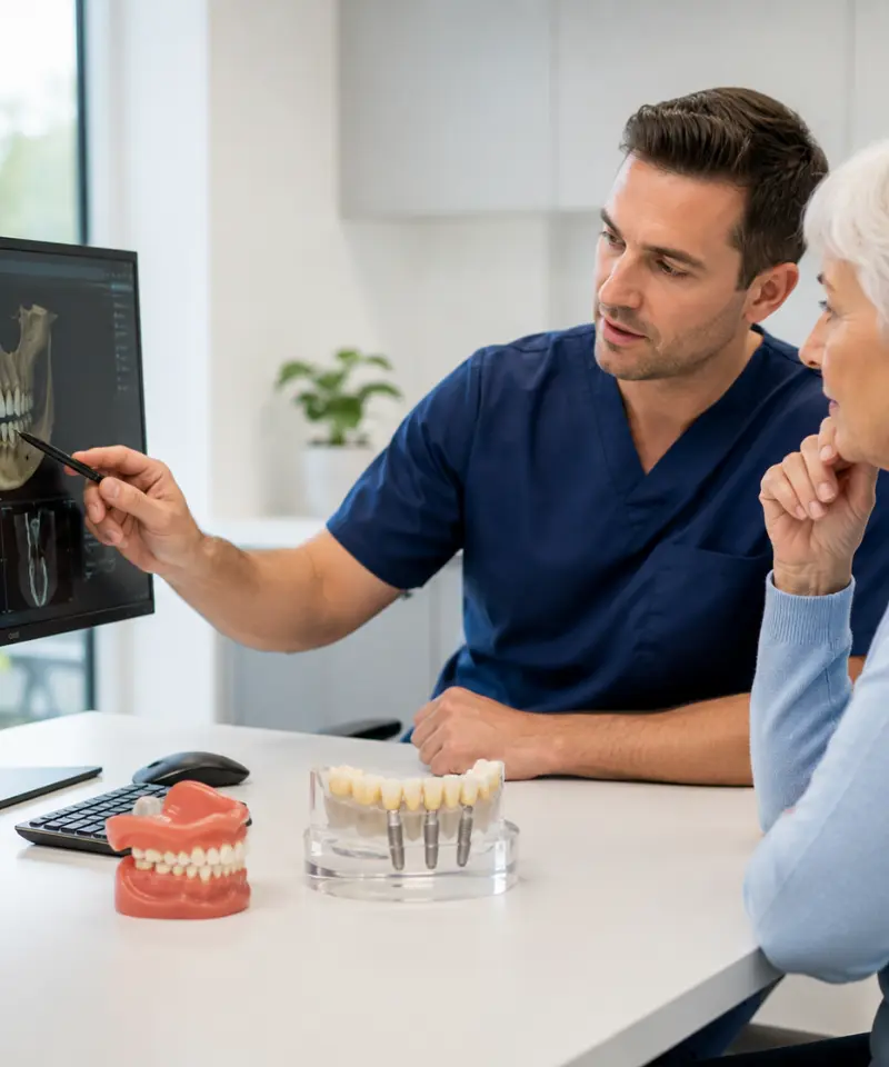 Dentist in navy scrubs reviewing jaw X-rays on a monitor with an older female patient, with denture and implant arch models on the desk