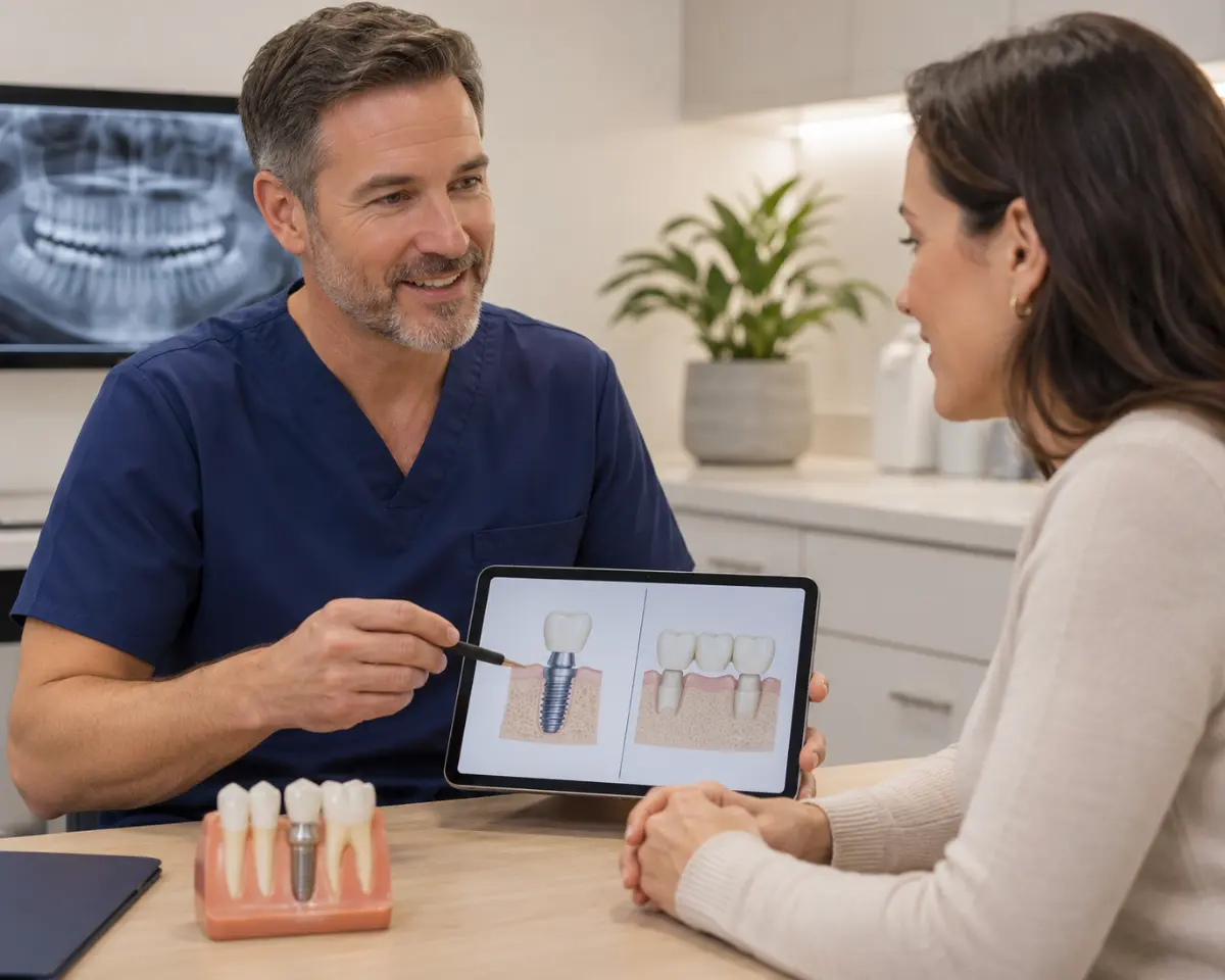 Dentist explaining dental implant and bridge options to a patient using a tablet diagram during a consultation