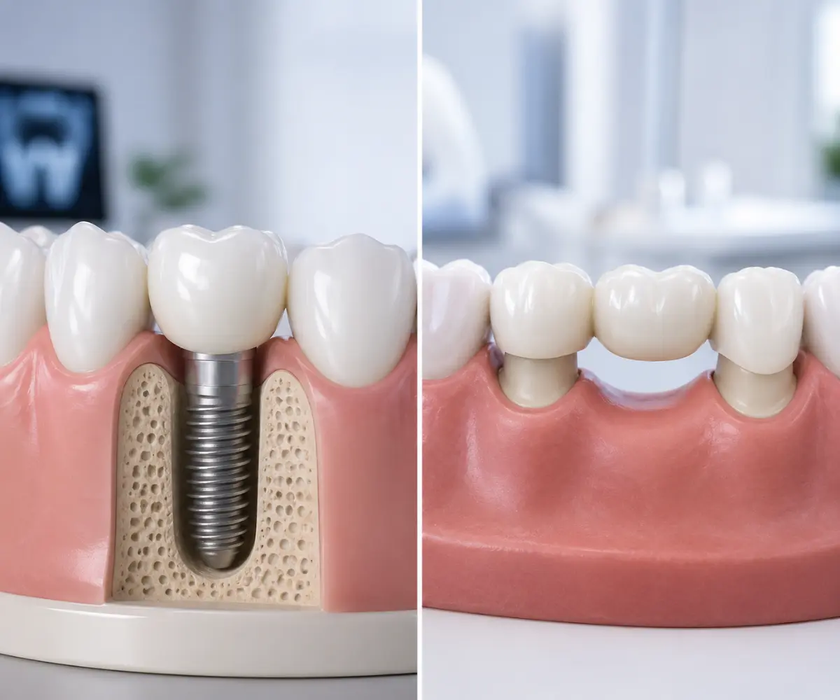 Side-by-side dental model comparison showing a titanium implant post with crown on the left and a three-unit dental bridge on the right