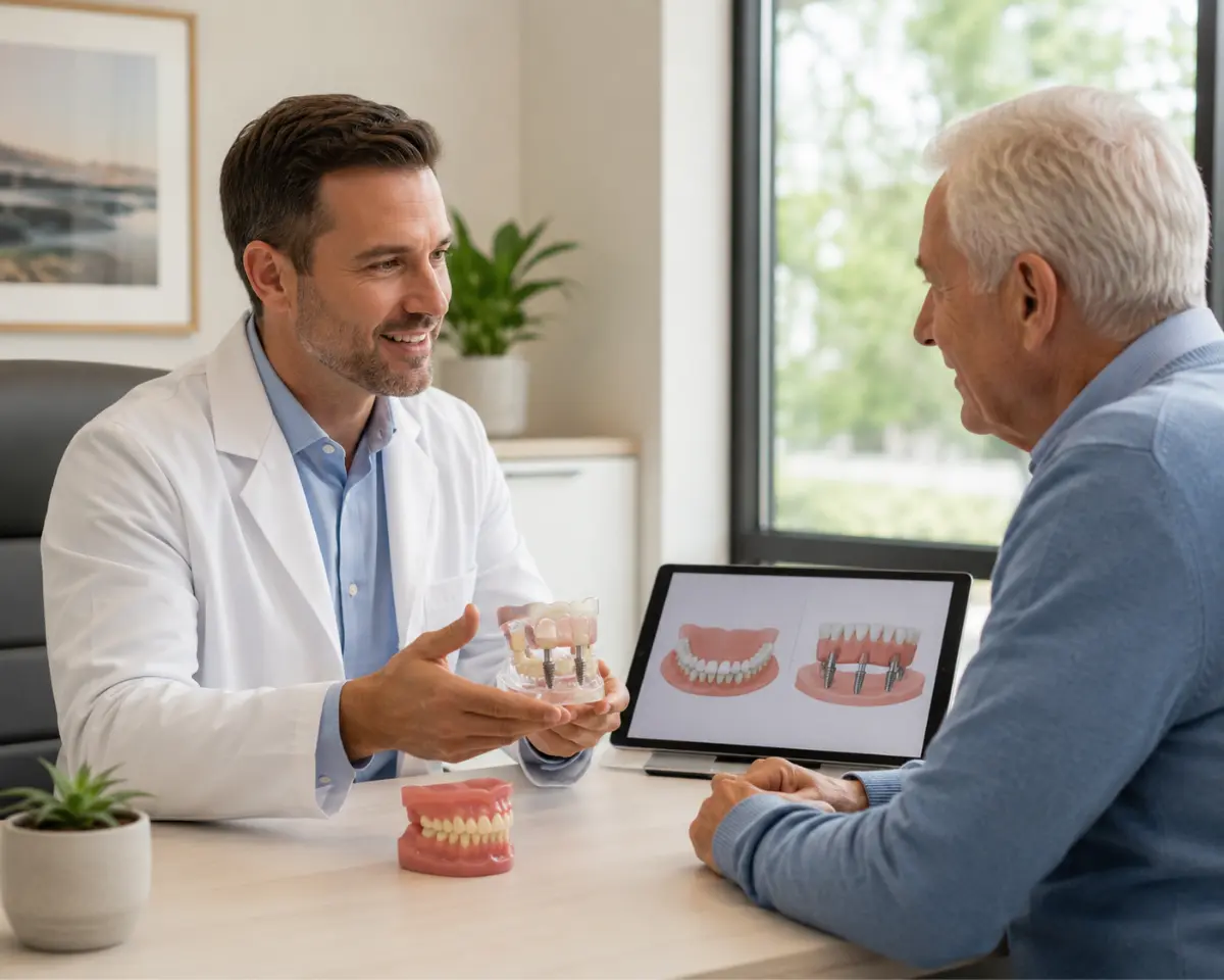 Dentist in white coat holding an implant arch model and explaining tooth replacement options to an older male patient, with a conventional denture model and comparison tablet visible on the desk