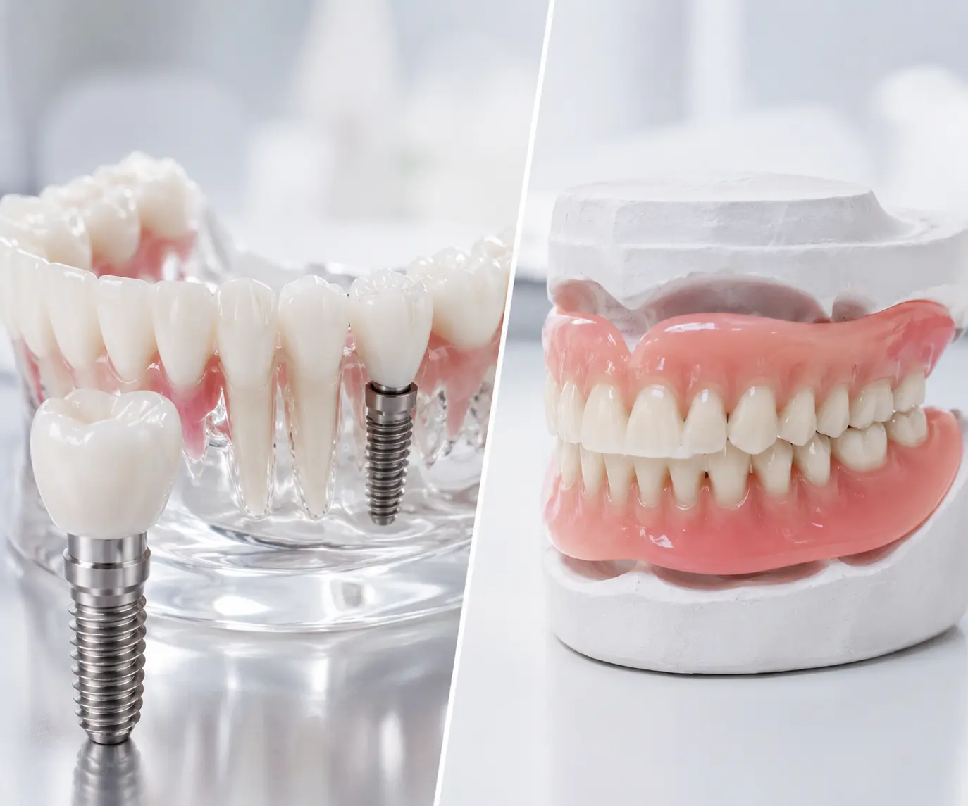 Split-panel showing a dental implant model with titanium post on the left and a complete removable denture set on the right